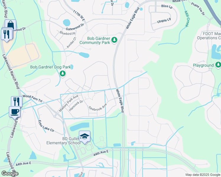 map of restaurants, bars, coffee shops, grocery stores, and more near Anchor Bay Trail in Manatee County