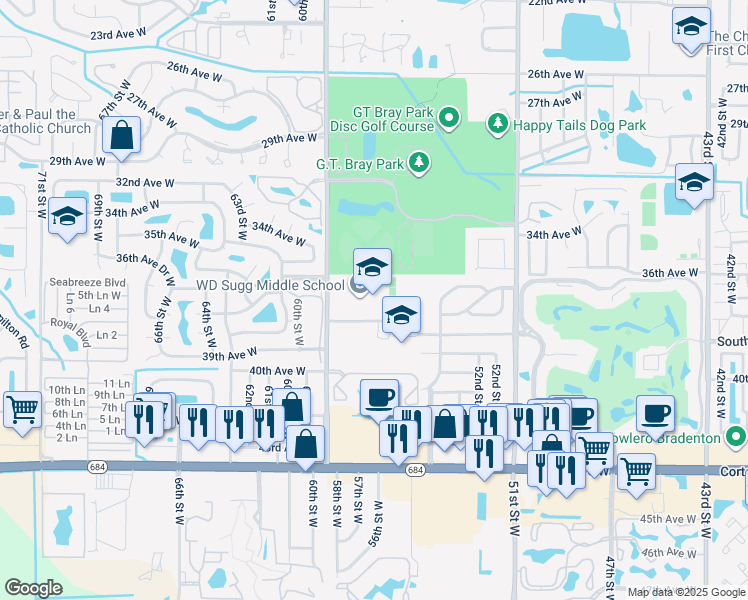 map of restaurants, bars, coffee shops, grocery stores, and more near 3801 59th Street West in Bradenton