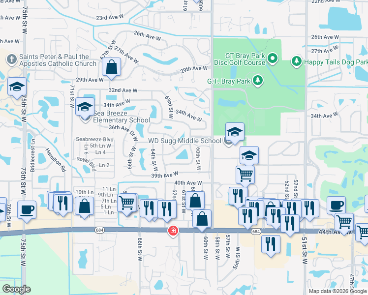 map of restaurants, bars, coffee shops, grocery stores, and more near 6102 37th Avenue West in Bradenton