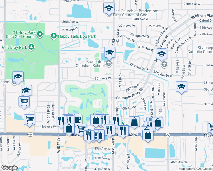 map of restaurants, bars, coffee shops, grocery stores, and more near 3780 Pinebrook Circle in Bradenton