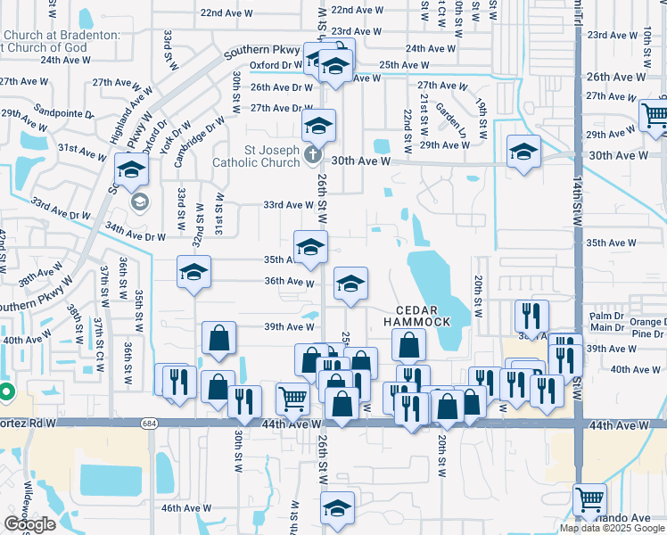 map of restaurants, bars, coffee shops, grocery stores, and more near 3501 26th Street West in Bradenton