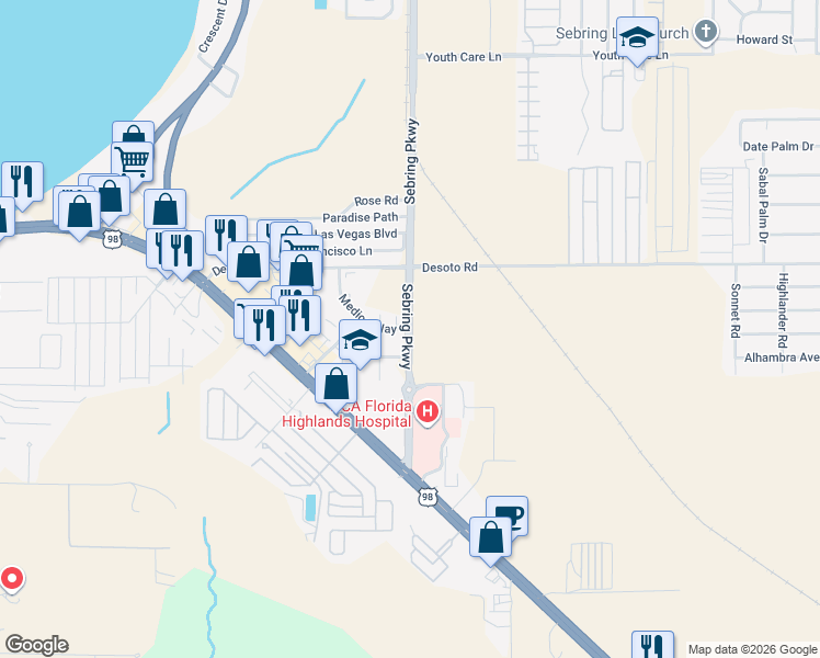 map of restaurants, bars, coffee shops, grocery stores, and more near 3356 South Highlands Avenue in Sebring