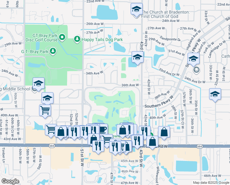 map of restaurants, bars, coffee shops, grocery stores, and more near 4503 36th Avenue West in Bradenton
