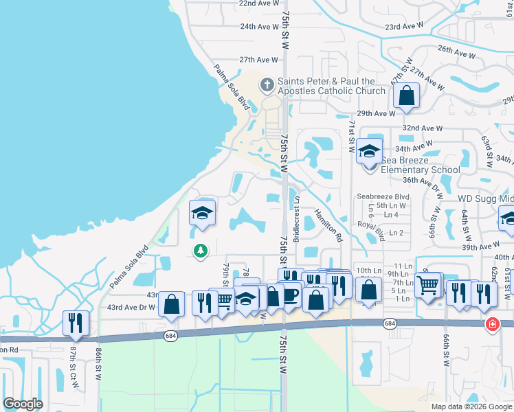 map of restaurants, bars, coffee shops, grocery stores, and more near 3820 75th Street West in Bradenton