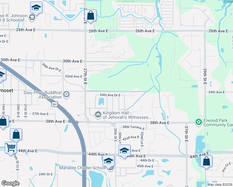 map of restaurants, bars, coffee shops, grocery stores, and more near 3007 34th Avenue Drive East in Bradenton