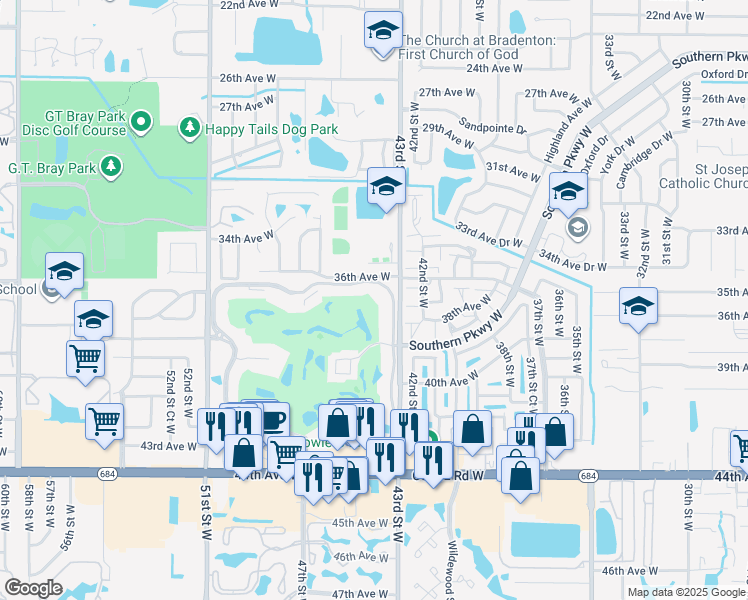 map of restaurants, bars, coffee shops, grocery stores, and more near 3780 Pinebrook Circle in Bradenton