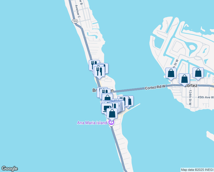 map of restaurants, bars, coffee shops, grocery stores, and more near 611 Gulf Drive North in Bradenton Beach