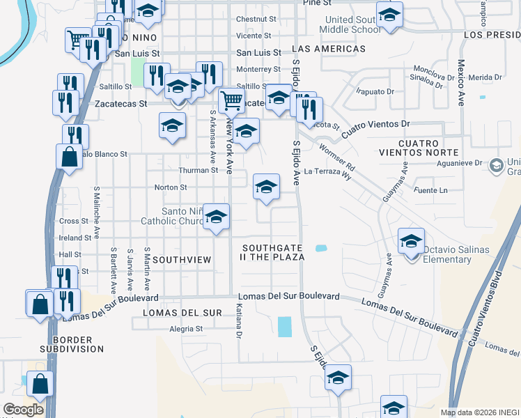 map of restaurants, bars, coffee shops, grocery stores, and more near 3026 Potomac Loop in Laredo