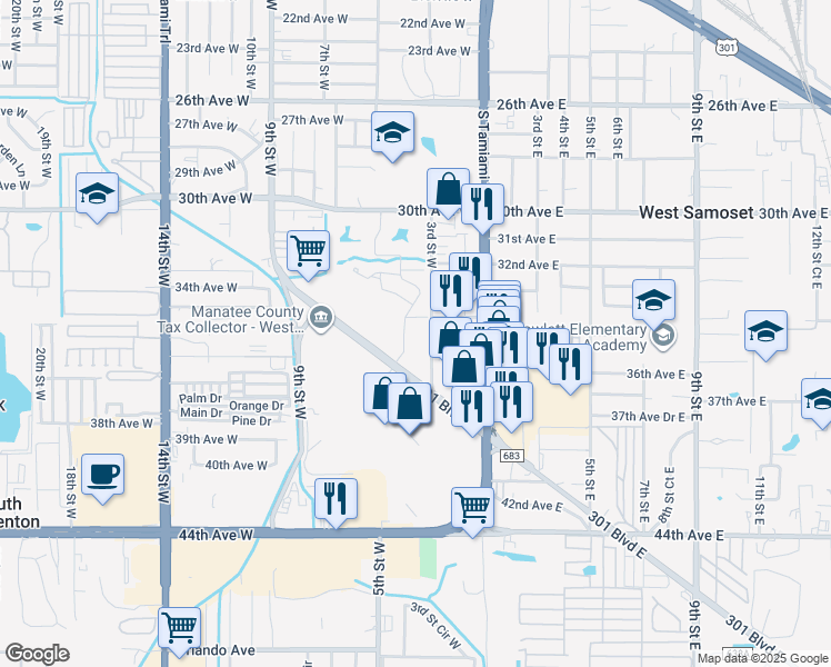 map of restaurants, bars, coffee shops, grocery stores, and more near 600 U.S. 301 Boulevard West in Bradenton