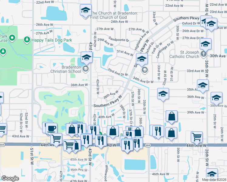 map of restaurants, bars, coffee shops, grocery stores, and more near 3617 36th Avenue West in Bradenton