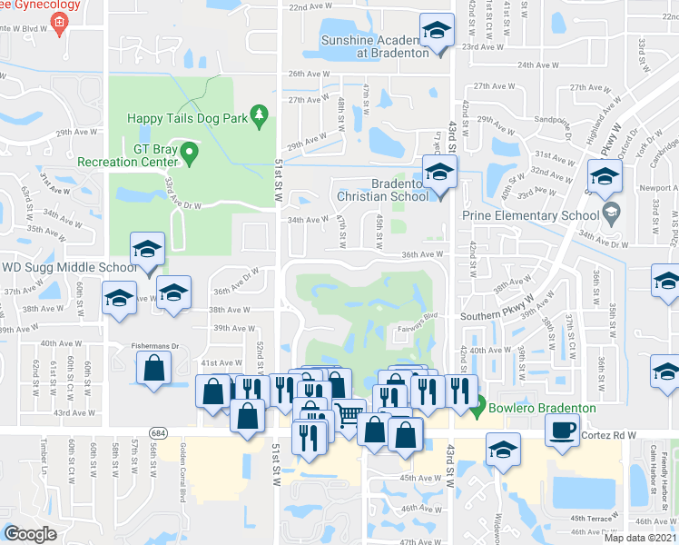 map of restaurants, bars, coffee shops, grocery stores, and more near 3730 Pinebrook Circle in Bradenton