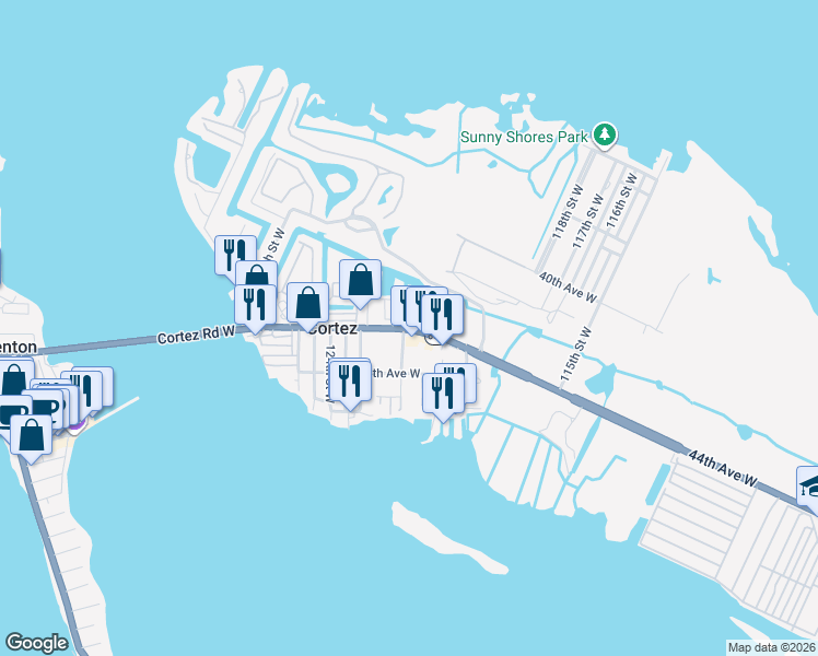 map of restaurants, bars, coffee shops, grocery stores, and more near 12100 Cortez Road West in Cortez