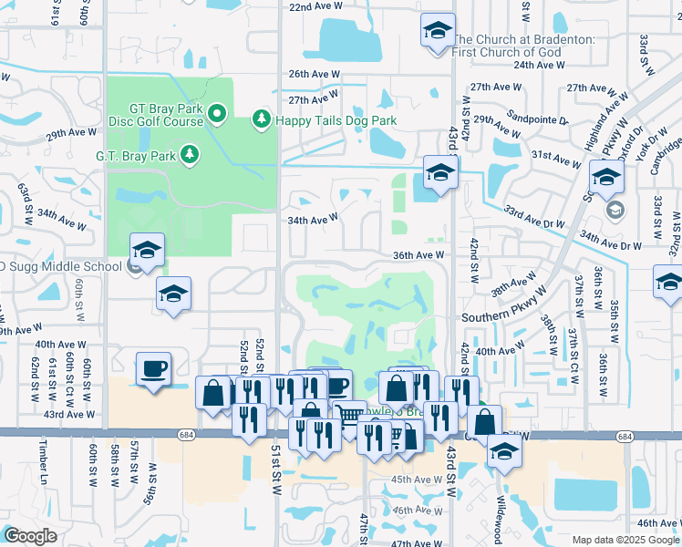 map of restaurants, bars, coffee shops, grocery stores, and more near 3730 Pinebrook Circle in Bradenton