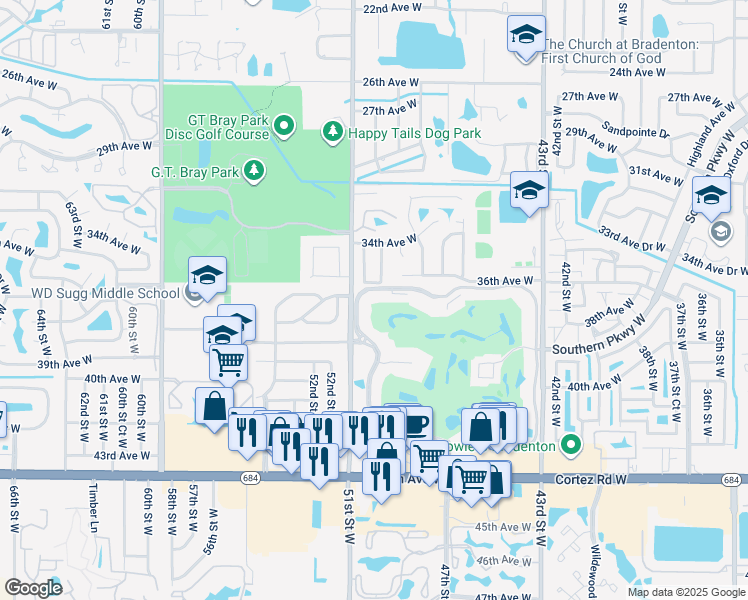 map of restaurants, bars, coffee shops, grocery stores, and more near 3640 Ironwood Circle in Bradenton