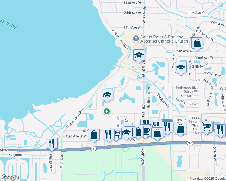 map of restaurants, bars, coffee shops, grocery stores, and more near 3404 79th Street West in Bradenton