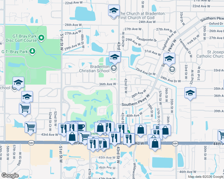 map of restaurants, bars, coffee shops, grocery stores, and more near 3780 Pinebrook Circle in Bradenton