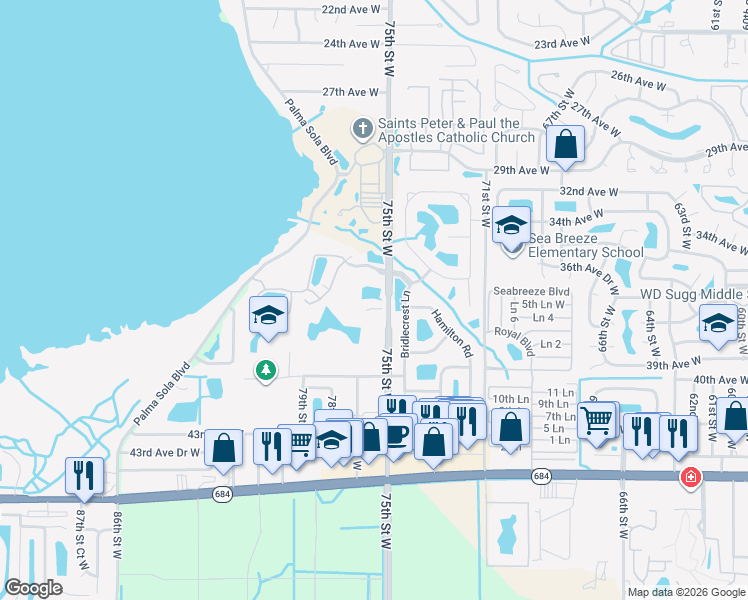 map of restaurants, bars, coffee shops, grocery stores, and more near 3820 75th Street West in Bradenton