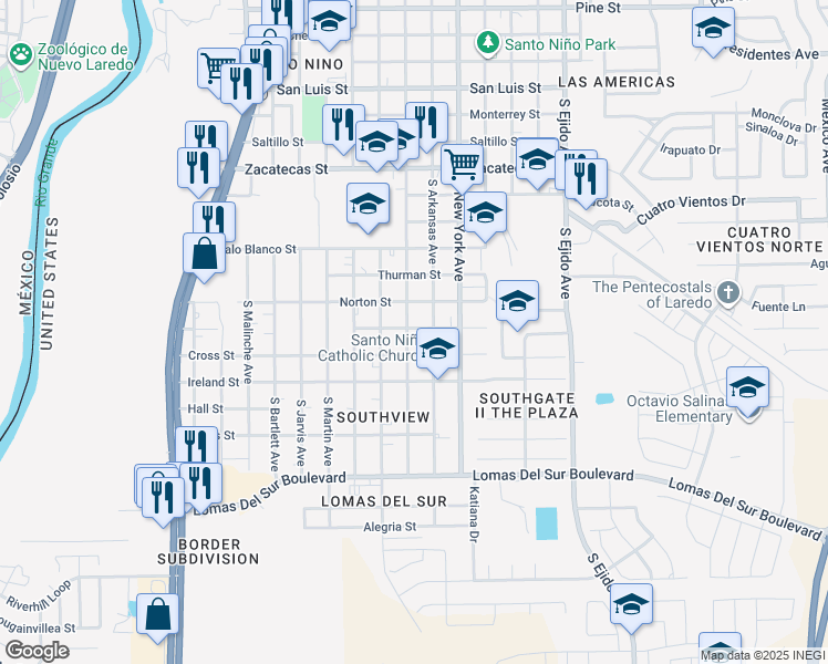map of restaurants, bars, coffee shops, grocery stores, and more near 3101 South Louisiana Avenue in Laredo