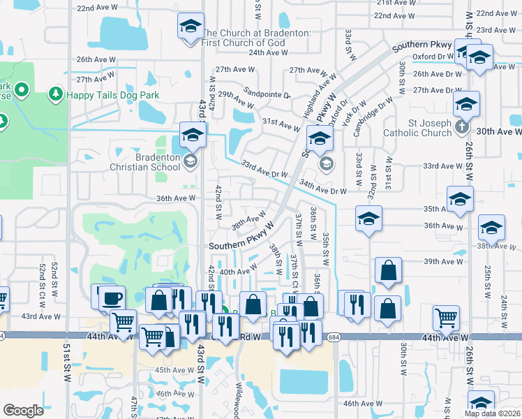 map of restaurants, bars, coffee shops, grocery stores, and more near 3617 36th Avenue West in Bradenton