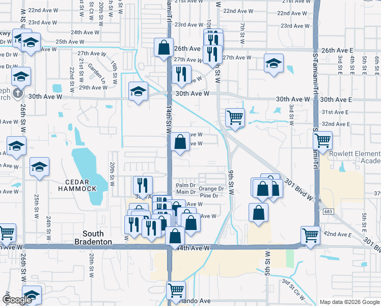 map of restaurants, bars, coffee shops, grocery stores, and more near 3503 14th Street West in Bradenton