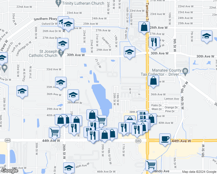 map of restaurants, bars, coffee shops, grocery stores, and more near 3102 Lake Bayshore Drive in Bradenton
