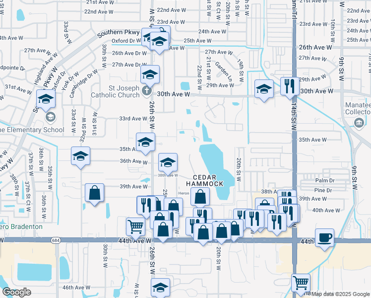 map of restaurants, bars, coffee shops, grocery stores, and more near 3411 24th Street West in Bradenton