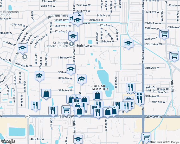 map of restaurants, bars, coffee shops, grocery stores, and more near 3411 24th Street West in Bradenton