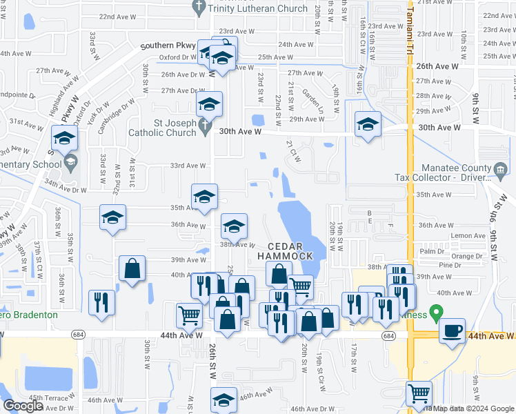 map of restaurants, bars, coffee shops, grocery stores, and more near 3411 24th Street West in Bradenton
