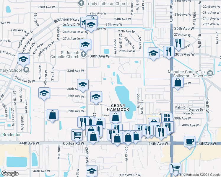 map of restaurants, bars, coffee shops, grocery stores, and more near 327 Lake Bayshore Drive in Bradenton