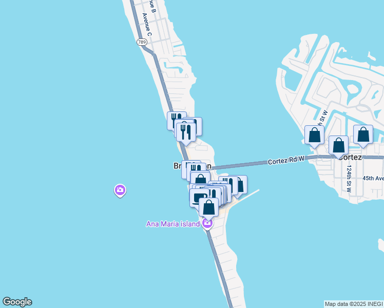 map of restaurants, bars, coffee shops, grocery stores, and more near 611 Gulf Drive North in Bradenton Beach