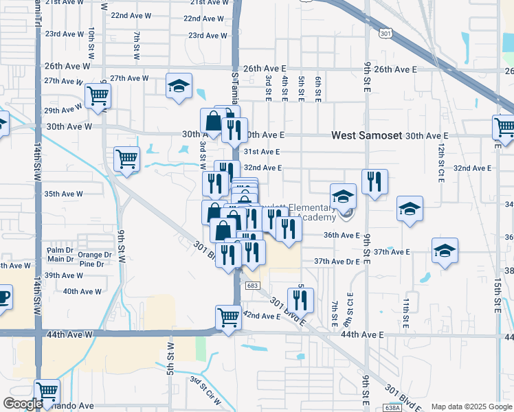 map of restaurants, bars, coffee shops, grocery stores, and more near 355 34th Avenue Drive East in Bradenton