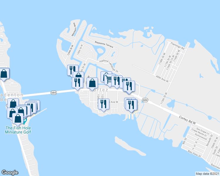 map of restaurants, bars, coffee shops, grocery stores, and more near 12202 Cortez Road West in Cortez