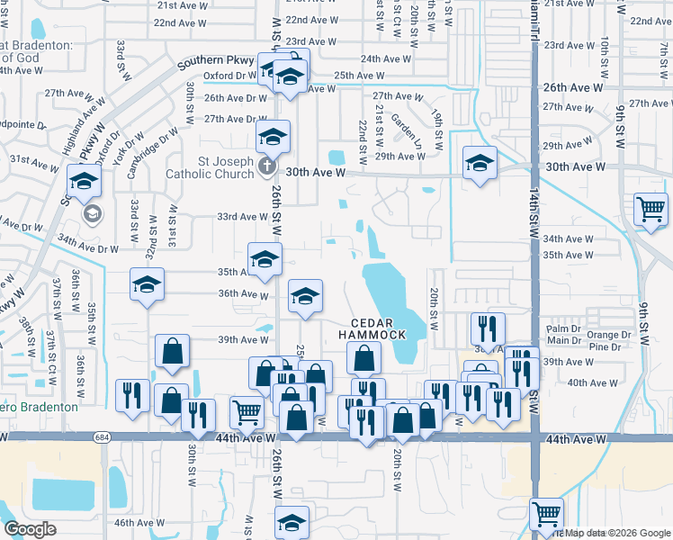 map of restaurants, bars, coffee shops, grocery stores, and more near 3411 24th Street West in Bradenton
