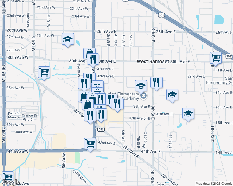 map of restaurants, bars, coffee shops, grocery stores, and more near 431 34th Avenue Drive East in Bradenton