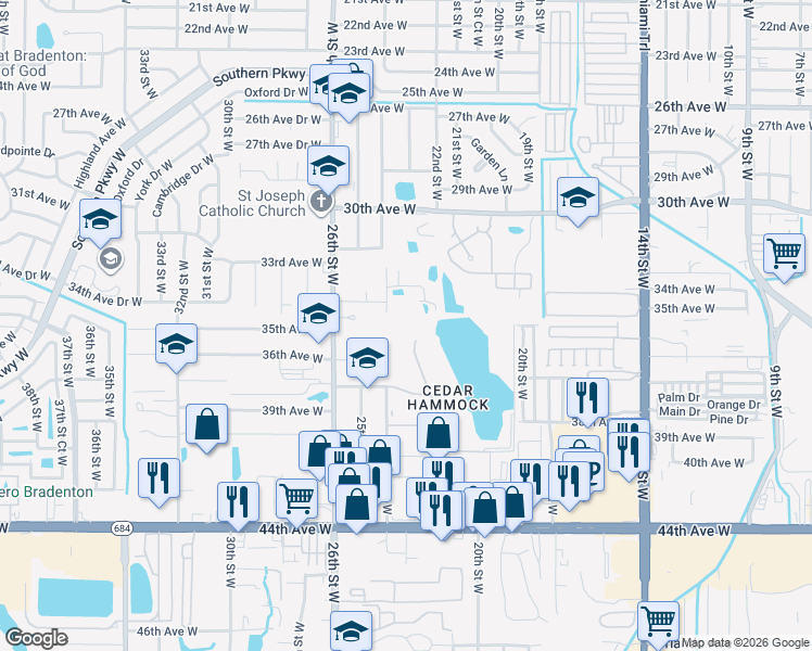 map of restaurants, bars, coffee shops, grocery stores, and more near 3411 24th Street West in Bradenton