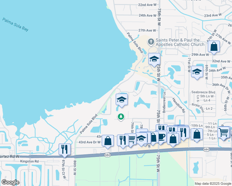 map of restaurants, bars, coffee shops, grocery stores, and more near 8205 37th Avenue Circle West in Bradenton