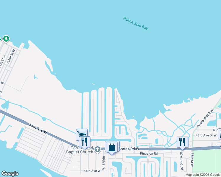 map of restaurants, bars, coffee shops, grocery stores, and more near 3603 Royal Palm Drive in Bradenton