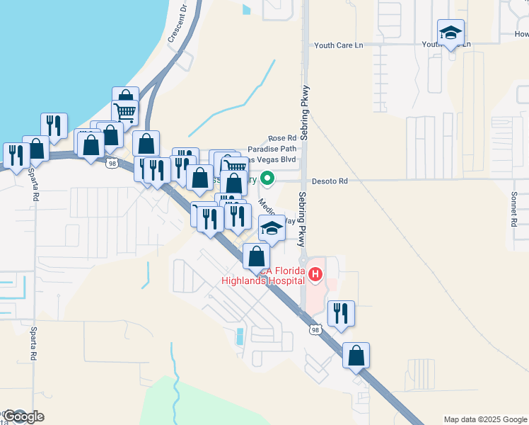 map of restaurants, bars, coffee shops, grocery stores, and more near 3670 Commerce Center Drive in Sebring