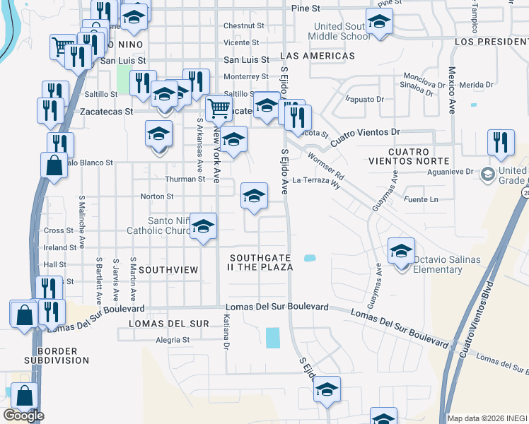 map of restaurants, bars, coffee shops, grocery stores, and more near 3118 Columbia Drive in Laredo