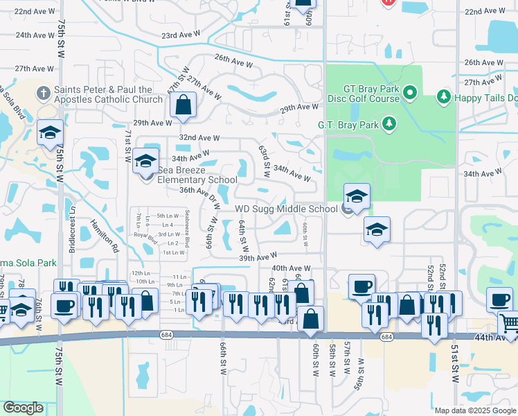 map of restaurants, bars, coffee shops, grocery stores, and more near 3605 63rd Street West in Bradenton