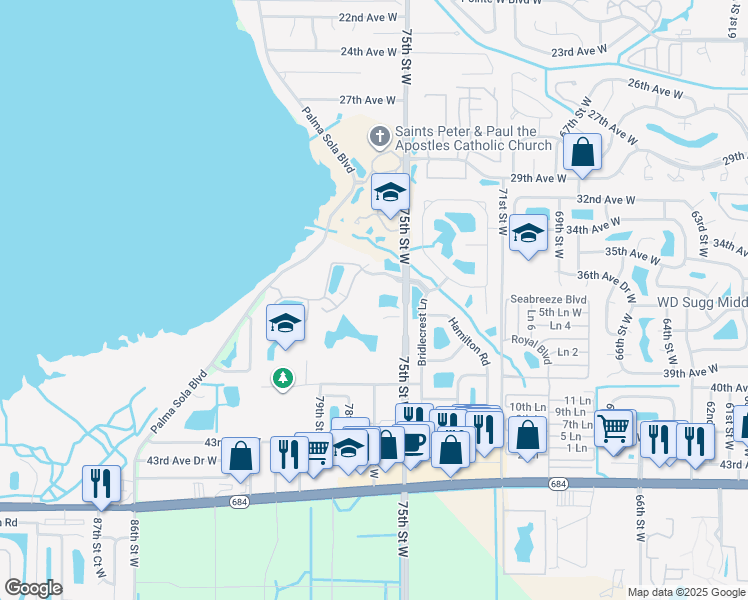 map of restaurants, bars, coffee shops, grocery stores, and more near 3820 75th Street West in Bradenton
