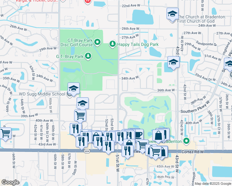 map of restaurants, bars, coffee shops, grocery stores, and more near 5102 36th Avenue Drive West in Bradenton