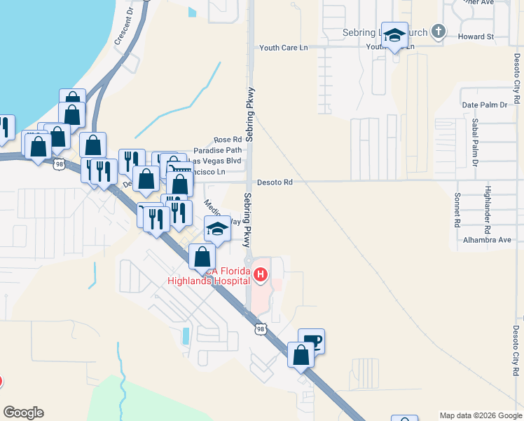 map of restaurants, bars, coffee shops, grocery stores, and more near 3310-3356 S Highlands Ave in Sebring