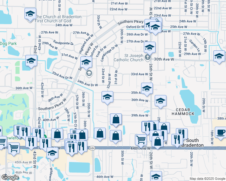 map of restaurants, bars, coffee shops, grocery stores, and more near 3120 35th Avenue West in Bradenton