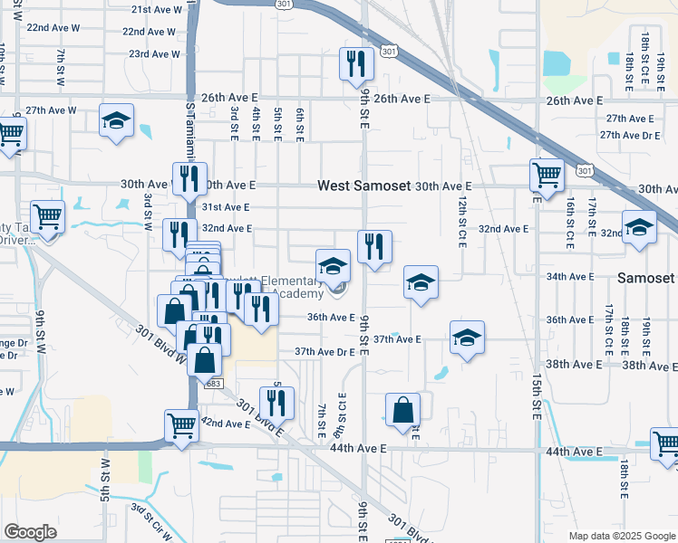 map of restaurants, bars, coffee shops, grocery stores, and more near 3325 8th Street East in Bradenton