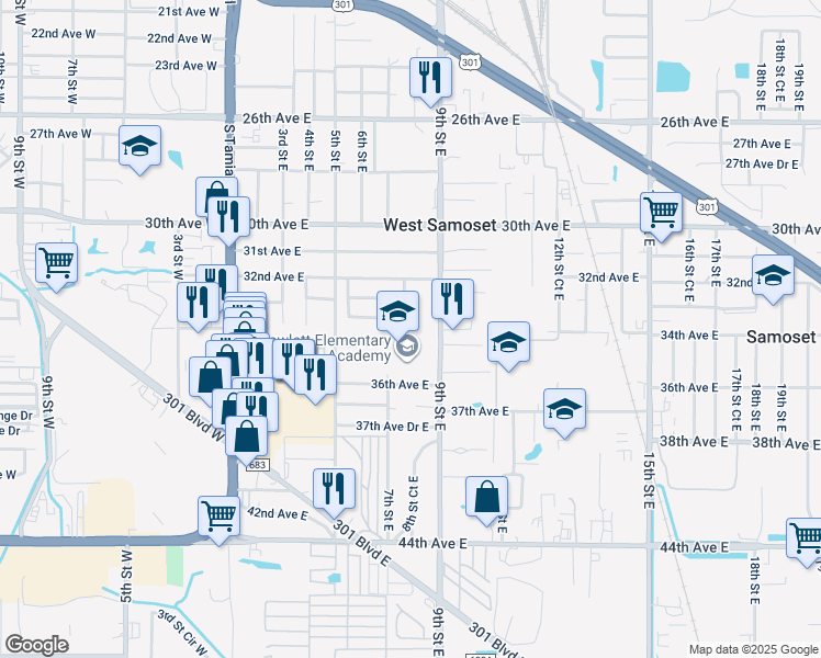 map of restaurants, bars, coffee shops, grocery stores, and more near 3325 8th Street East in Bradenton