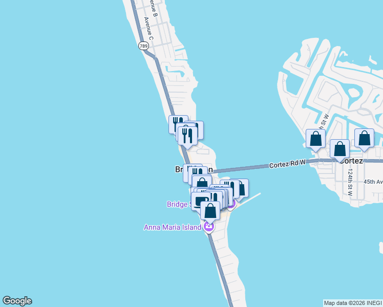 map of restaurants, bars, coffee shops, grocery stores, and more near 101 7th Street North in Bradenton Beach