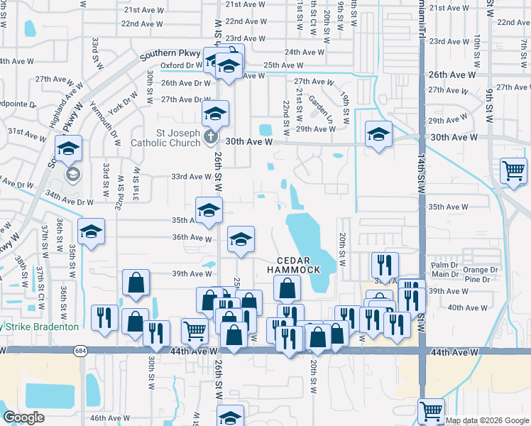 map of restaurants, bars, coffee shops, grocery stores, and more near 3411 24th Street West in Bradenton