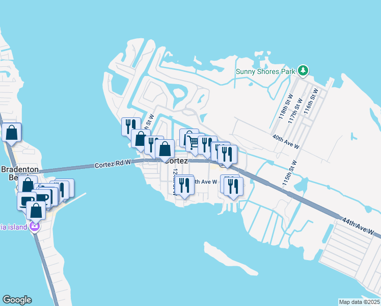 map of restaurants, bars, coffee shops, grocery stores, and more near 12202 Cortez Road West in Cortez