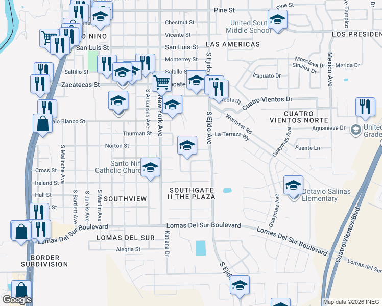 map of restaurants, bars, coffee shops, grocery stores, and more near 3118 Columbia Drive in Laredo
